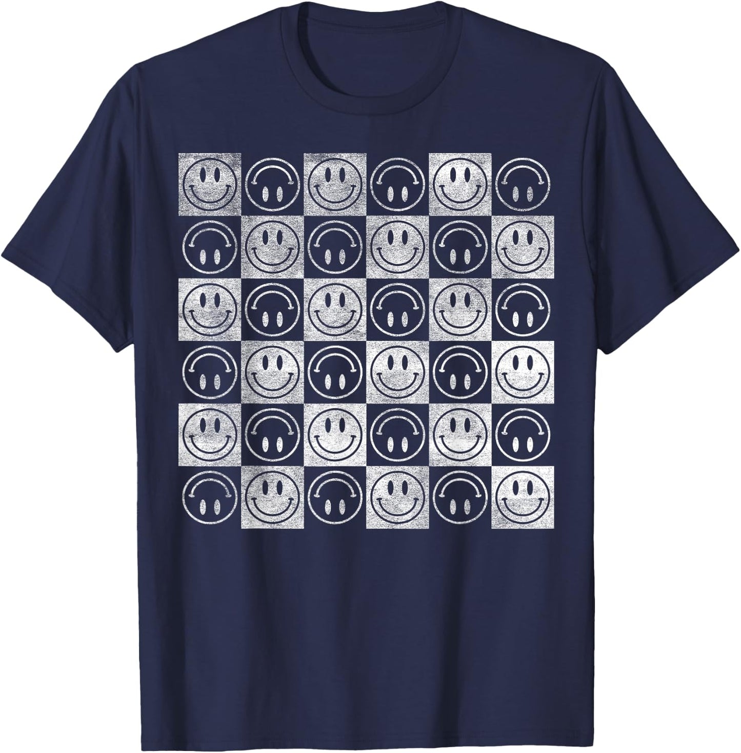 Happy Face Checkerboard Pattern Minimal – Checkered Smile T-Shirt - T-Shirt | Navy