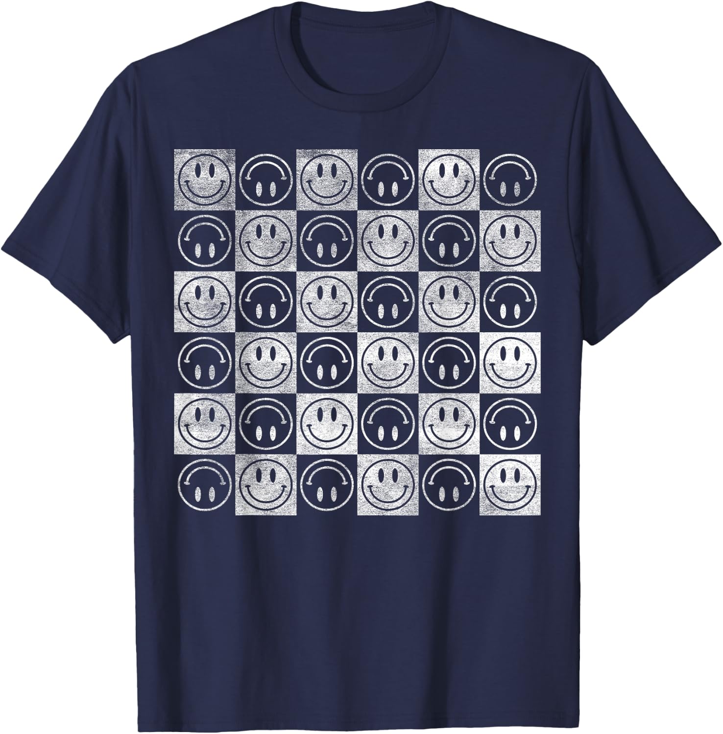 Happy Face Checkerboard Pattern Minimal – Checkered Smile T-Shirt - T-Shirt | Navy