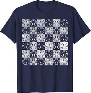 Happy Face Checkerboard Pattern Minimal – Checkered Smile T-Shirt - T-Shirt | Navy