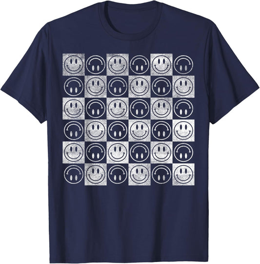 Happy Face Checkerboard Pattern Minimal – Checkered Smile T-Shirt - T-Shirt | Navy