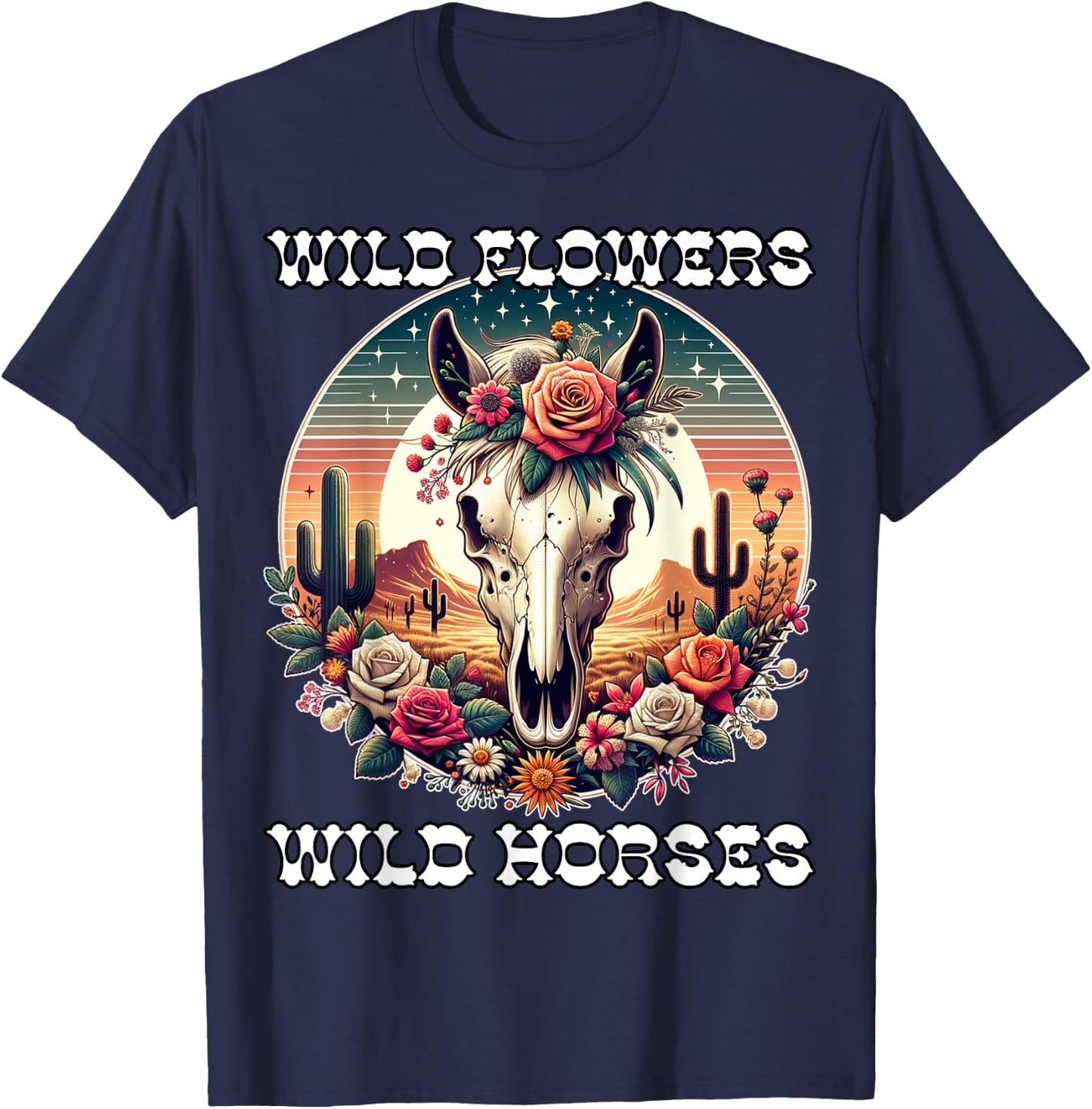 Wild Flowers and Wild Horses Vintage Sunset Country Cowgirl T-Shirt - T-Shirt | Navy
