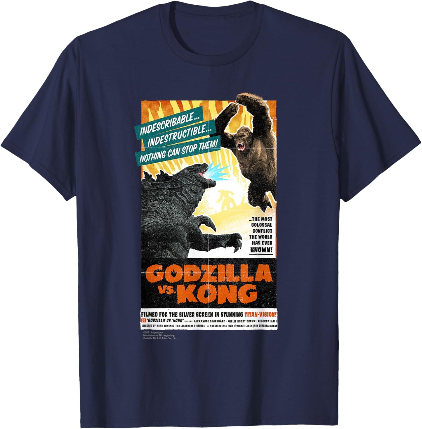 Monsterverse Godzilla vs Kong - Titan-Vision Retro Poster Adults Kids Black Short Sleeve T-Shirt - T-Shirt | Navy