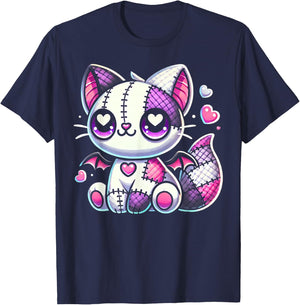Kawaii Pastel Goth Creepy and Witchy Zombie Patchwork Cat T-Shirt - T-Shirt | Navy
