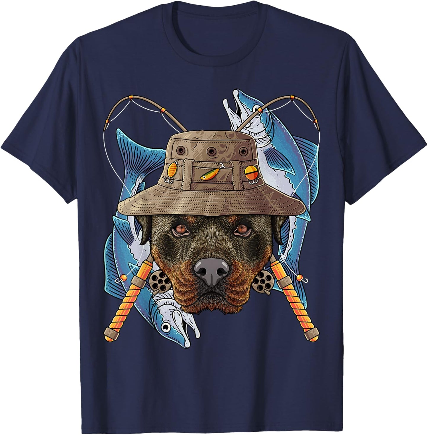 Fishing Rottweiler Outdoor Fisherman Dog Cute Fly Fishing T-Shirt - T-Shirt | Navy