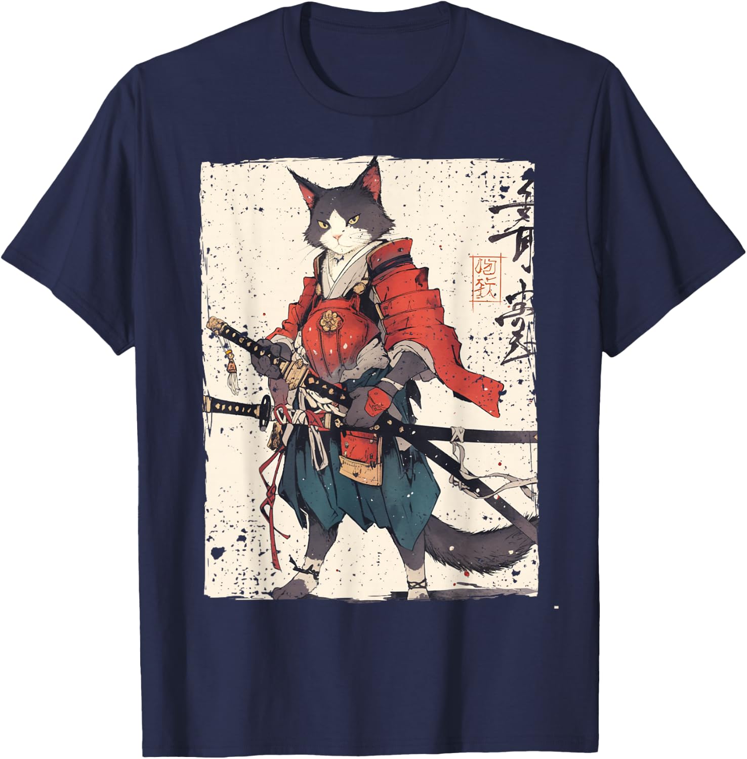 Samurai Cat Warrior Ukiyo Ink Artwork Cat Samurai Women Girls Kids T-Shirt - T-Shirt | Navy