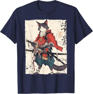 Samurai Cat Warrior Ukiyo Ink Artwork Cat Samurai Women Girls Kids T-Shirt - T-Shirt | Navy