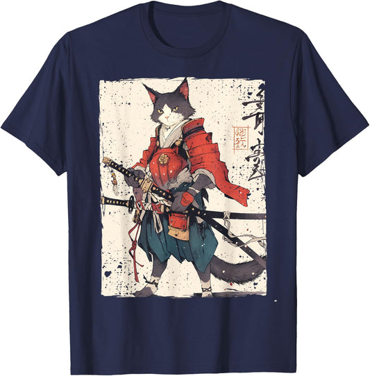 Samurai Cat Warrior Ukiyo Ink Artwork Cat Samurai Women Girls Kids T-Shirt - T-Shirt | Navy