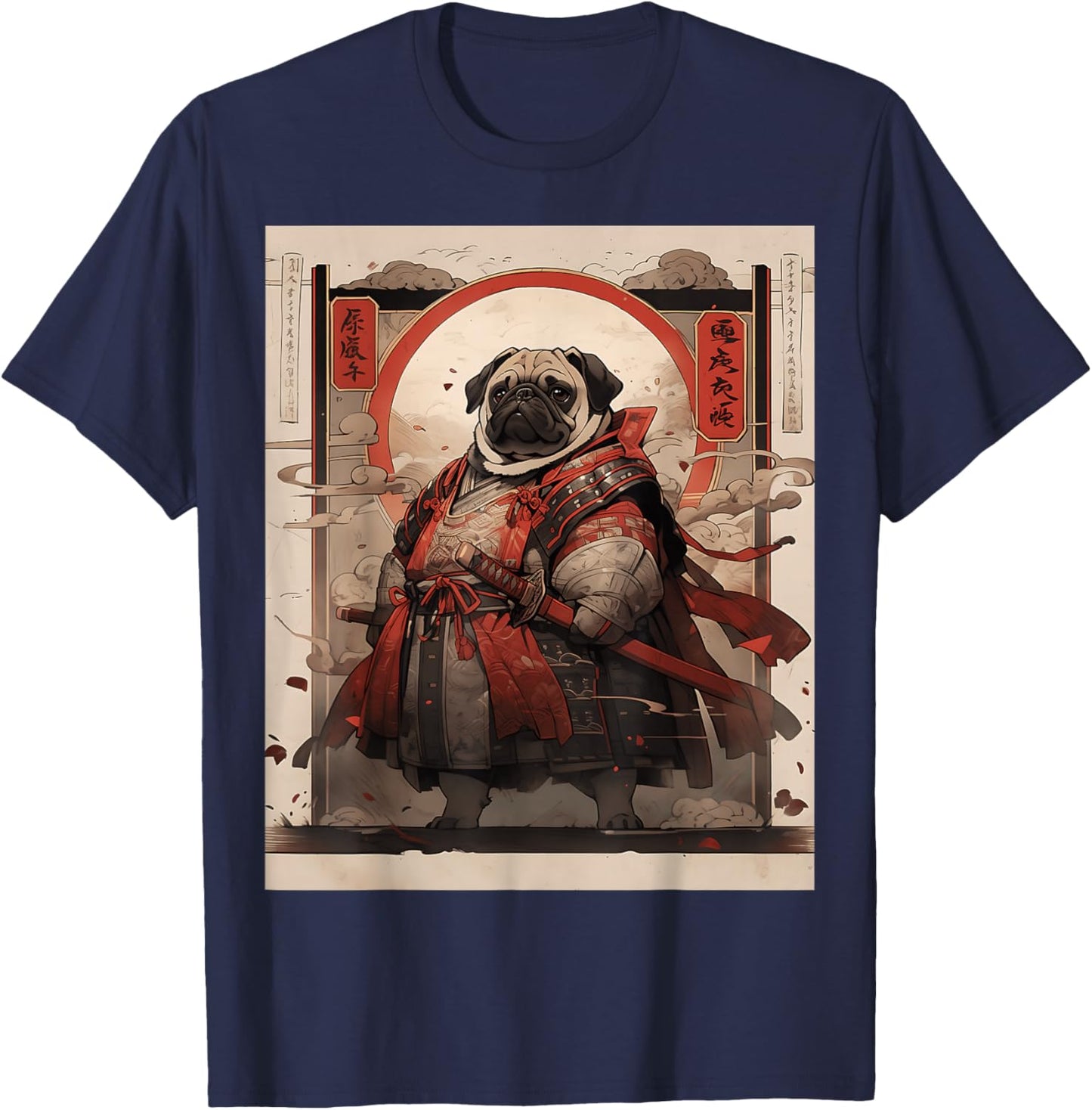 Samurai Pug Dog Retro Japanese Ukiyo-e Warrior Fighter Art Women Kids T-Shirt - T-Shirt | Navy
