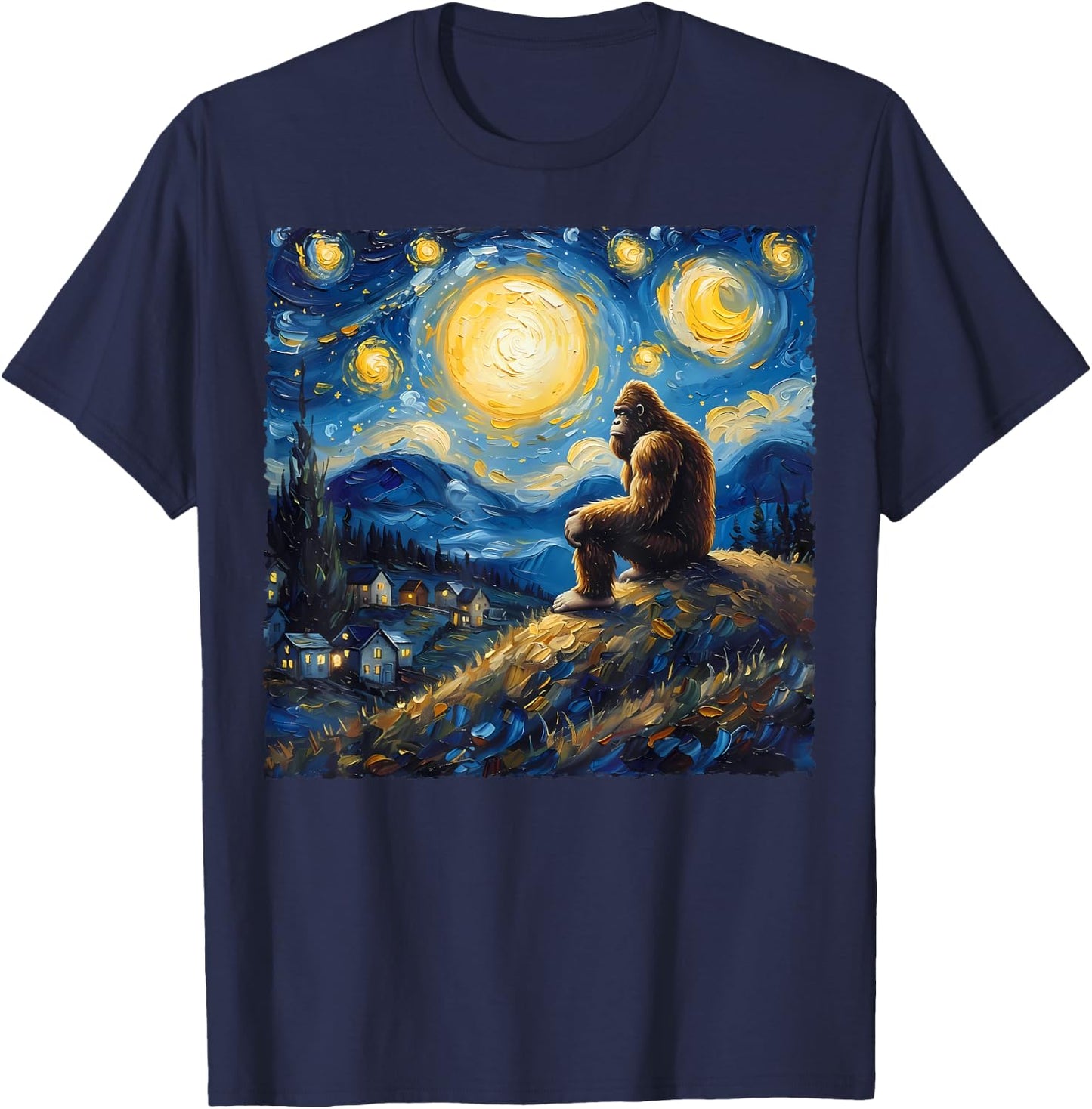 Van Gogh Style Funny Bigfoot Lover Starry Night Painting T-Shirt - T-Shirt | Navy