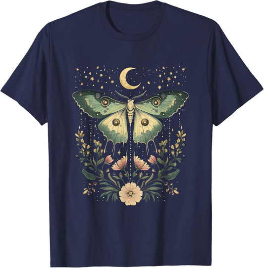 Goblincore Moth and Butterfly with Moon Cottagecore T-Shirt - T-Shirt | Navy