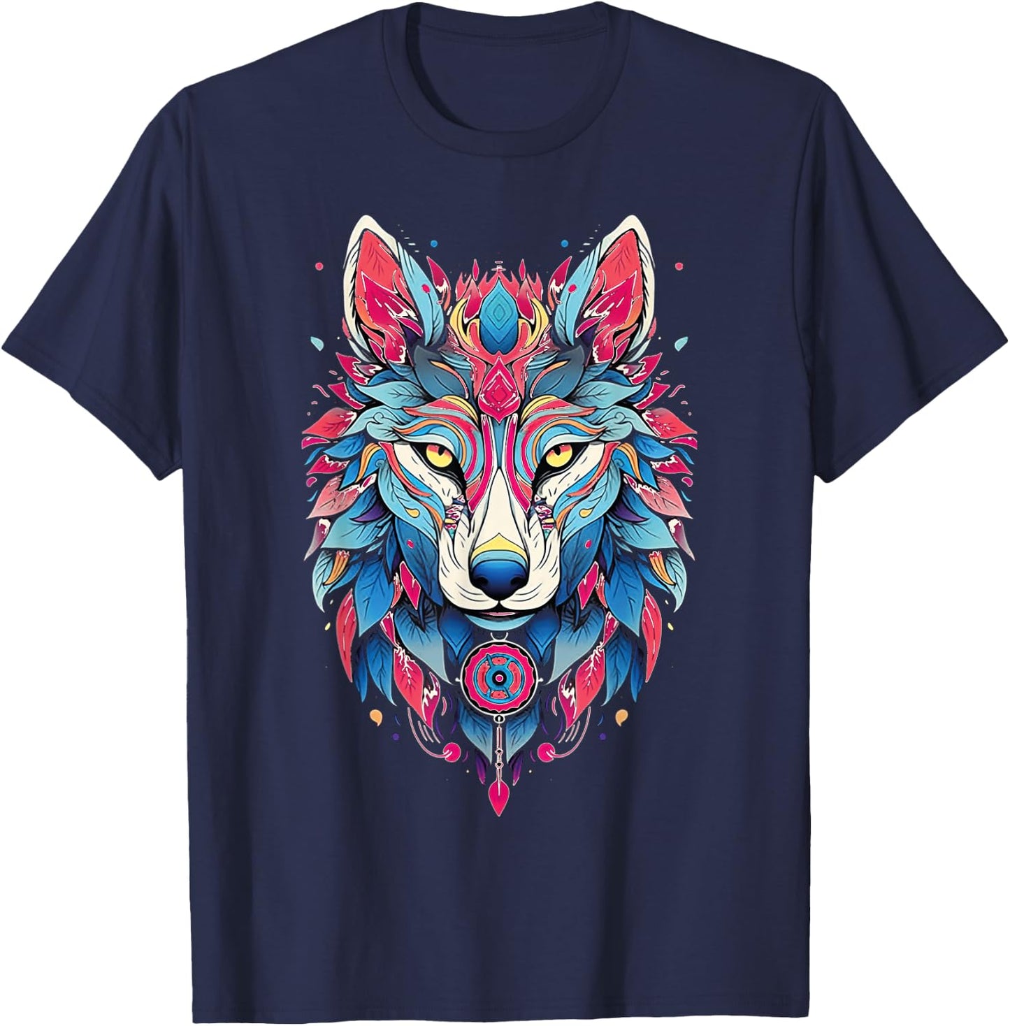 Native American Boho Wolf Splash Art Animal Face Wolf T-Shirt - T-Shirt | Navy