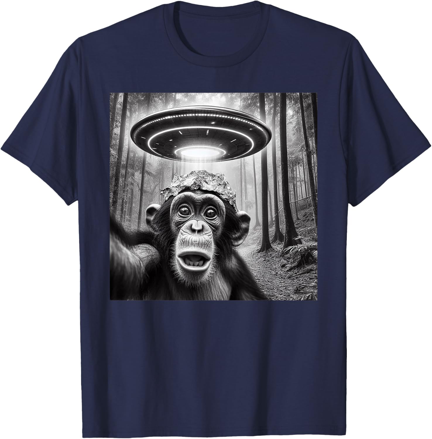 Funny Alien Abduction Meme UFO Monkey Encounter Ape Selfie T-Shirt - T-Shirt | Navy
