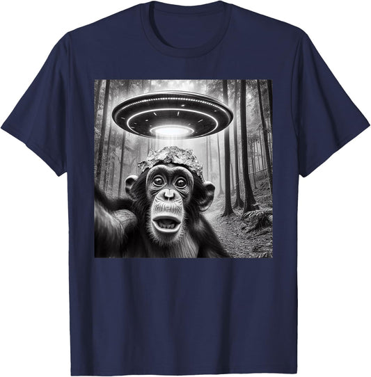 Funny Alien Abduction Meme UFO Monkey Encounter Ape Selfie T-Shirt - T-Shirt | Navy