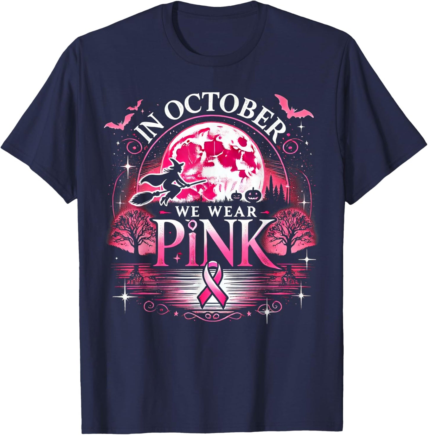 October We Wear Pink Witch Halloween Moon T-Shirt - T-Shirt | Navy