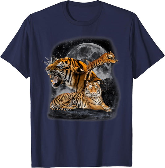 Vintage Three Tigers Retro Alpha Moon Bengal Tiger Lovers T-Shirt - T-Shirt | Navy