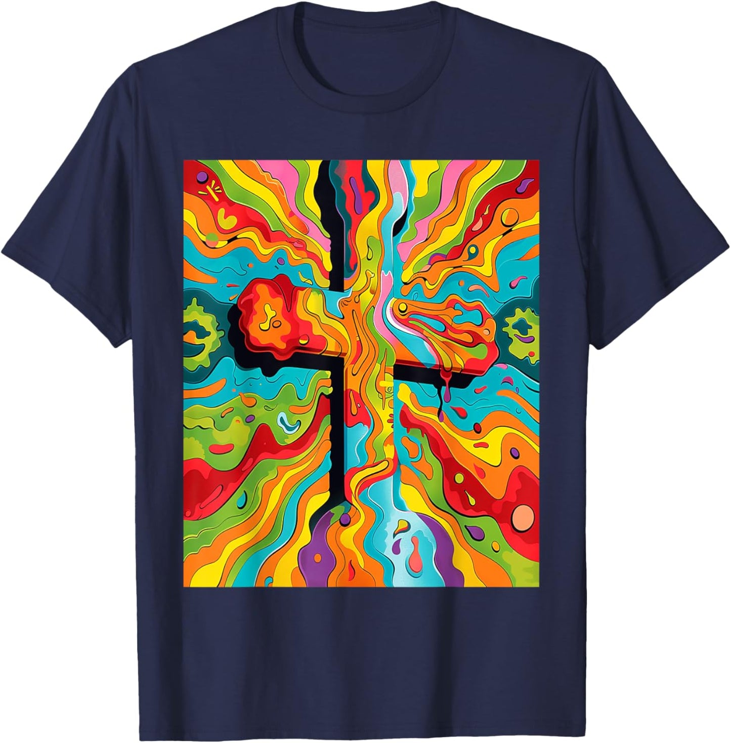 Colorful Vibrant Psychedelic Powerful Religious Cross Art T-Shirt - T-Shirt | Navy