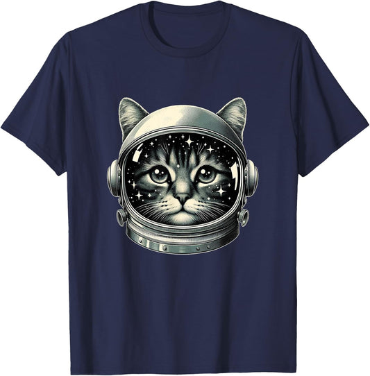 Space Cat Funny Cosmic Astronaut Cat Cute Retro Galaxy Cat Men Women Kids T-Shirt - T-Shirt | Navy