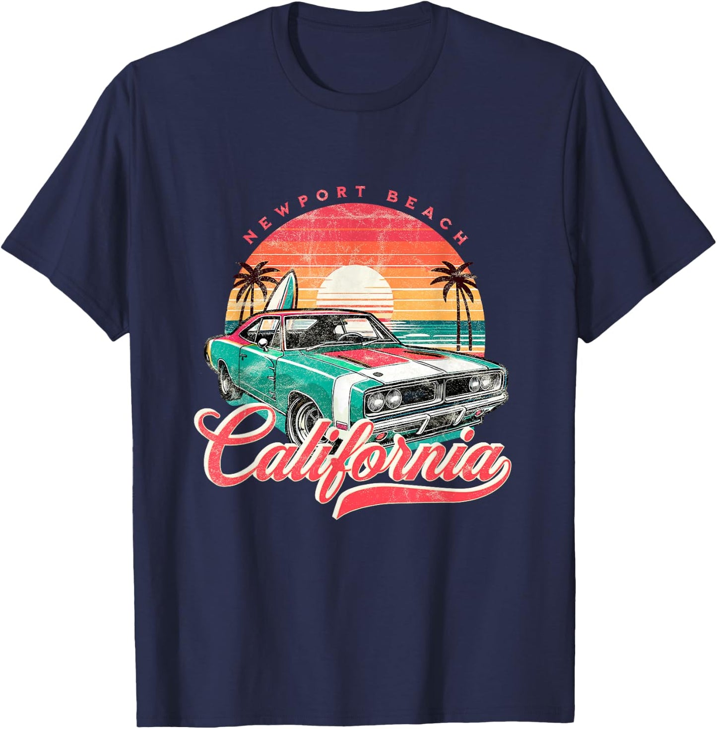 Classic Muscle Car Retro Newport Beach California Surfer Sun T-Shirt - T-Shirt | Navy