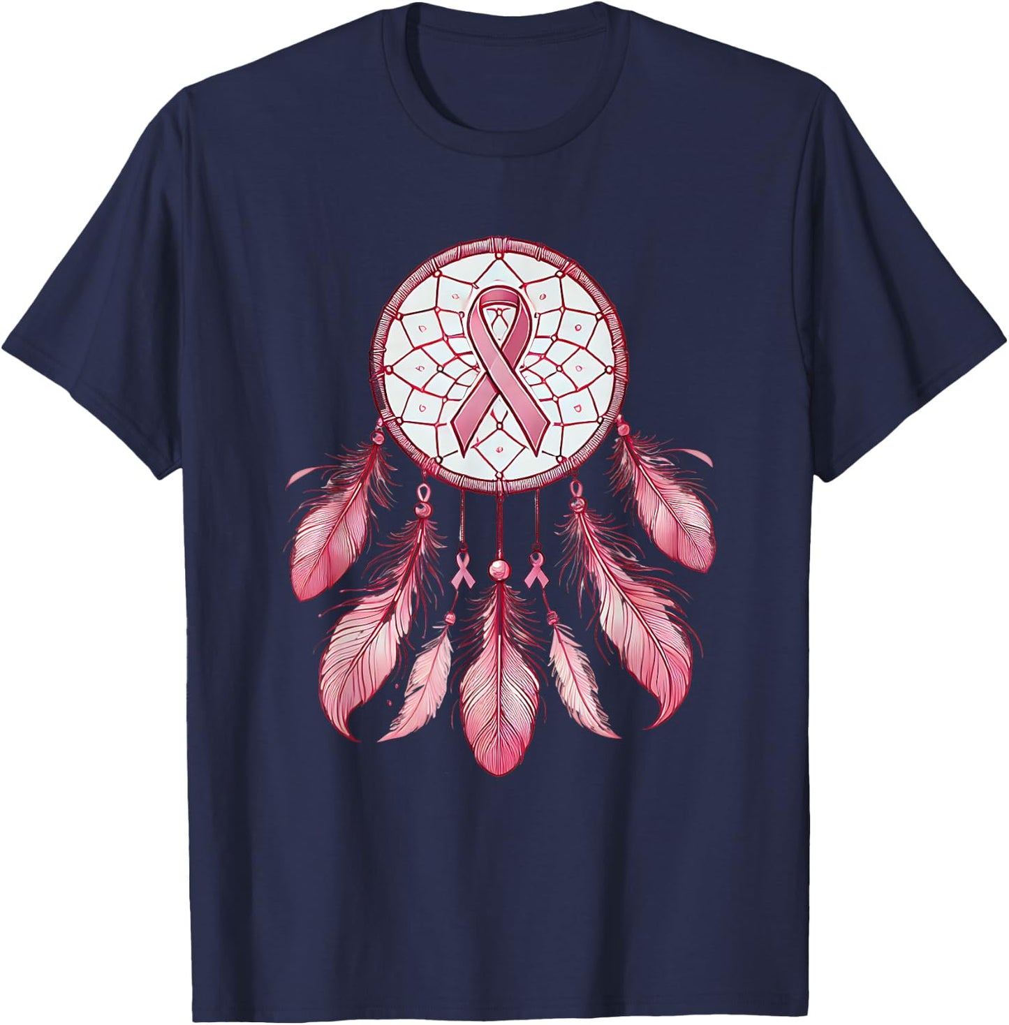 Pink Ribbon Native Indian DreamCatcher Art Breast Cancer T-Shirt - T-Shirt | Navy