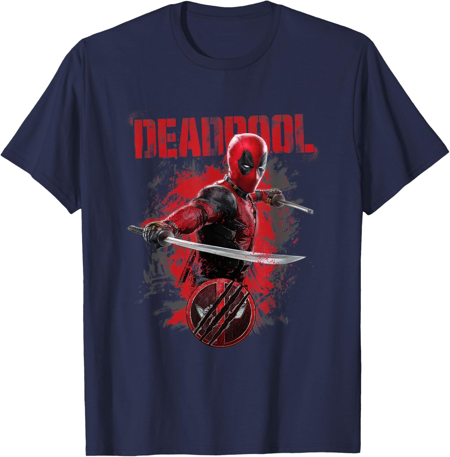 Marvel Deadpool & Wolverine Distressed Red Stamp Hero Logo T-Shirt - T-Shirt | Navy