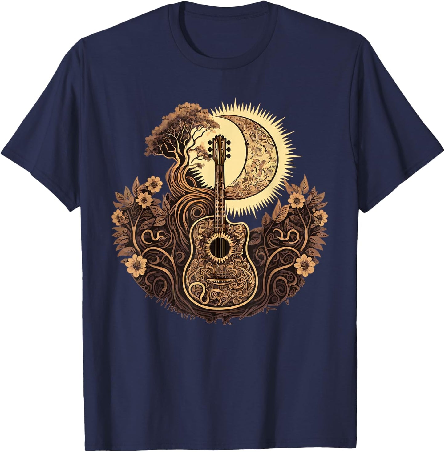 Acoustic Guitar Tree With Moon Guitarist T-Shirt - T-Shirt | Navy