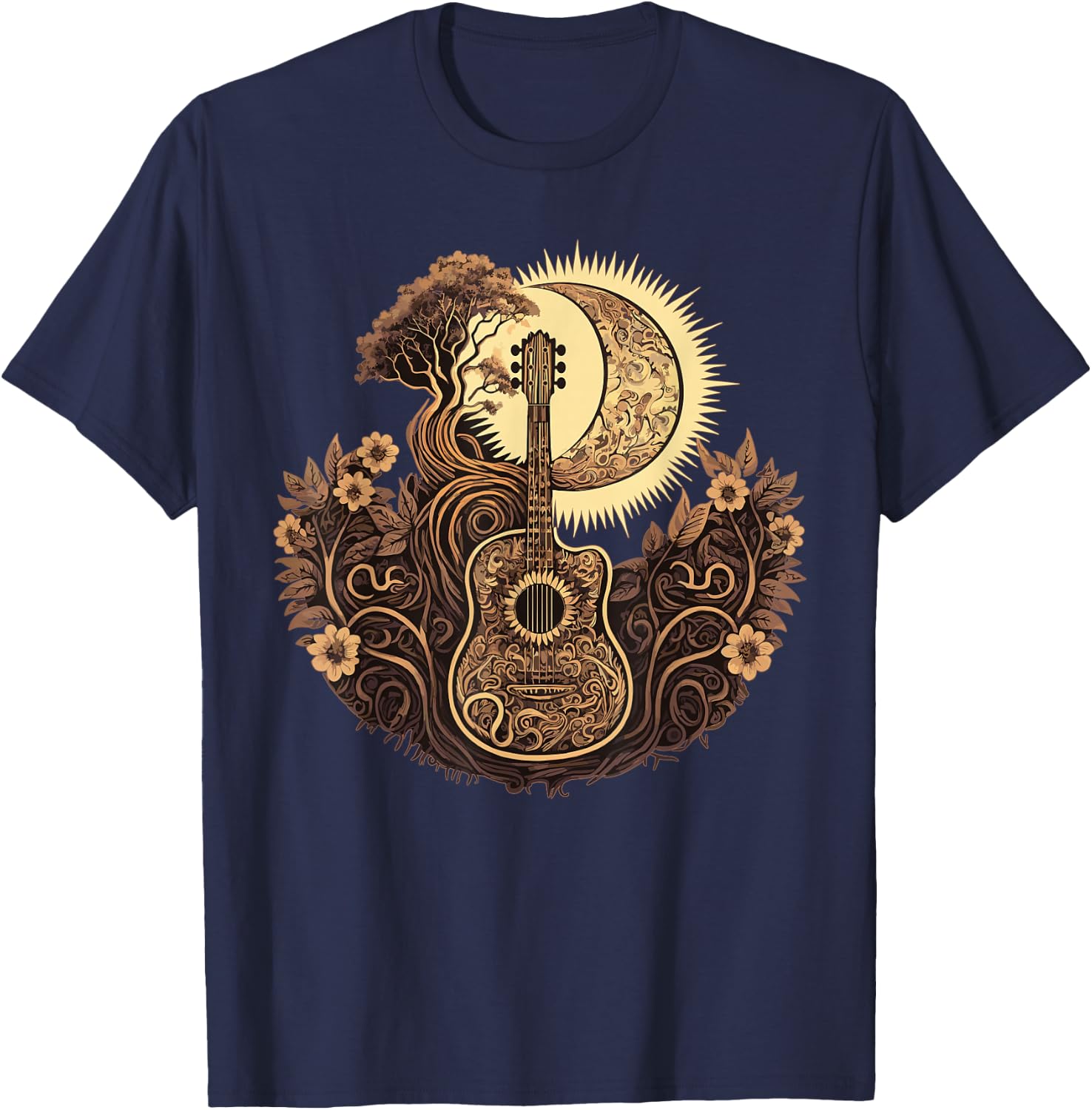 Acoustic Guitar Tree With Moon Guitarist T-Shirt - T-Shirt | Navy