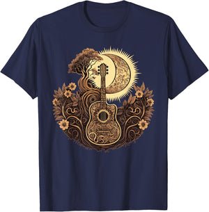 Acoustic Guitar Tree With Moon Guitarist T-Shirt - T-Shirt | Navy