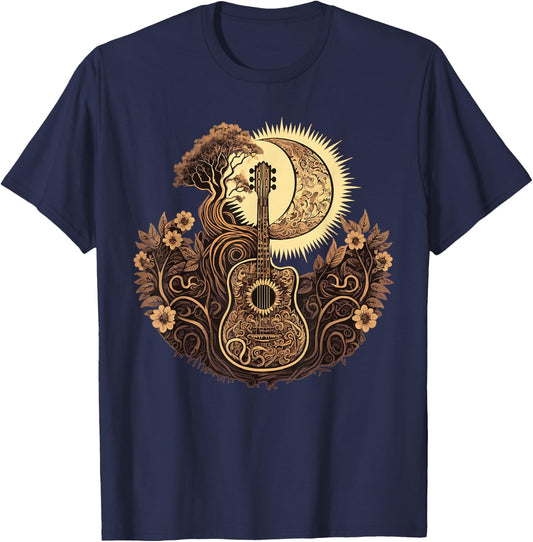 Acoustic Guitar Tree With Moon Guitarist T-Shirt - T-Shirt | Navy