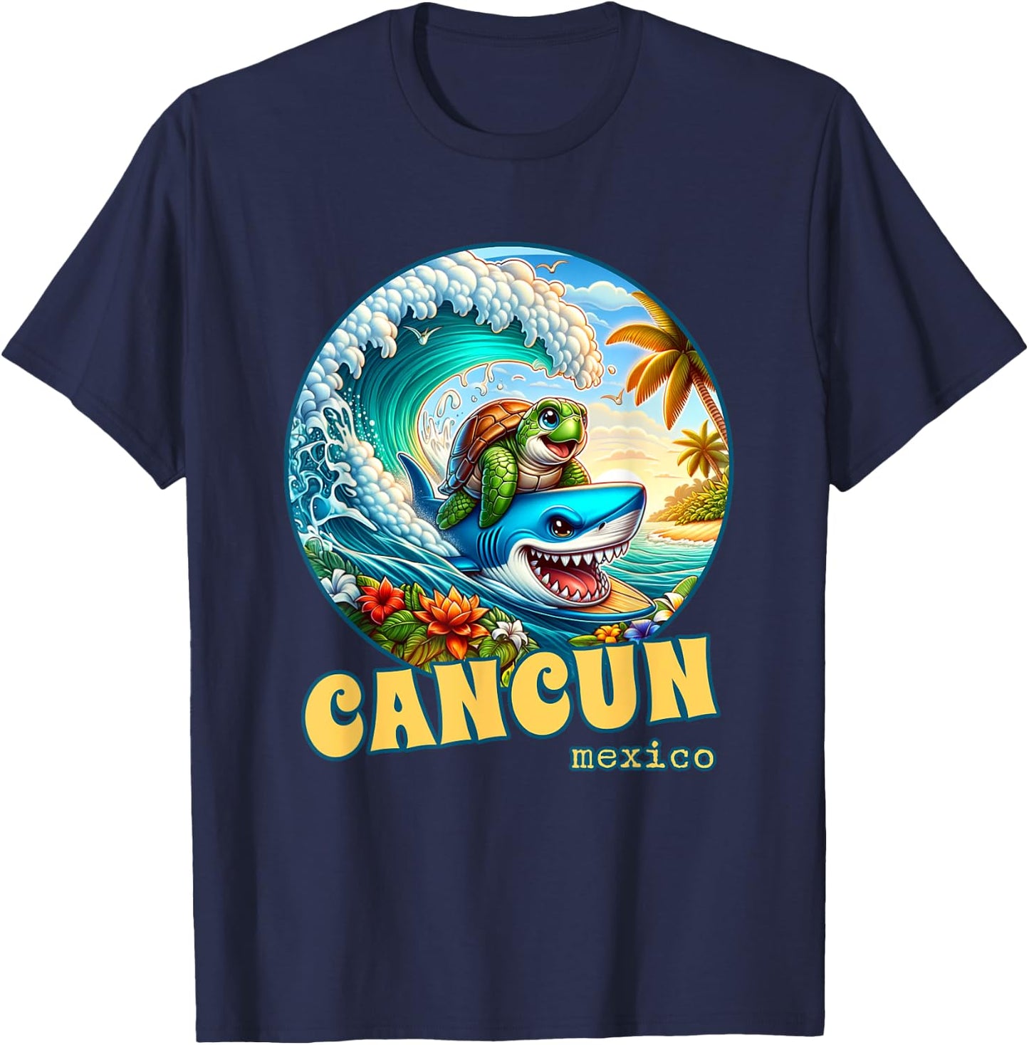 Cancun Mexico Surfing Sea Turtle and Shark T-Shirt - T-Shirt | Navy