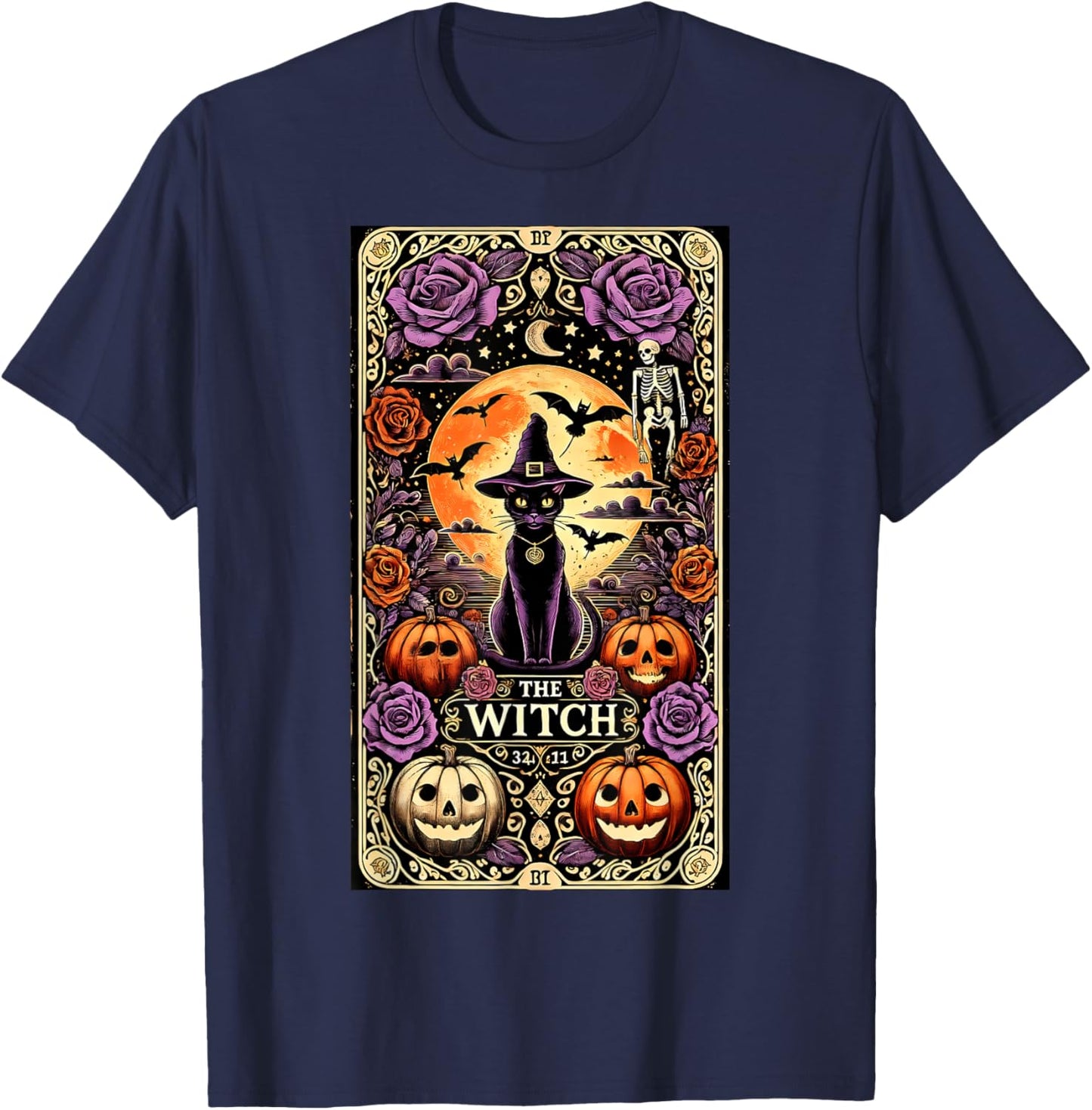 Vintage Gothic The Witch Black Cat Tarot Card Halloween 2024 Men Women Kids T-Shirt - T-Shirt | Navy