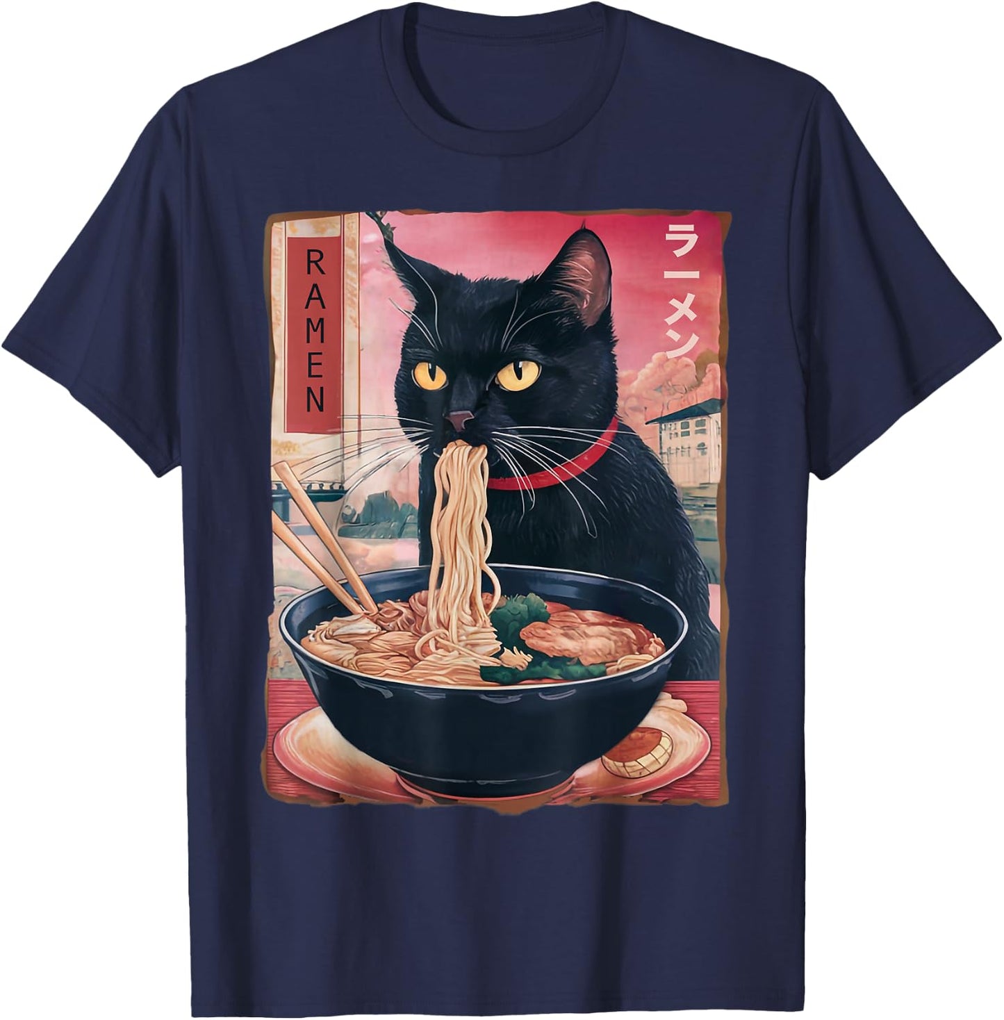 Cat Ramen Noodle Japanese Anime Kawaii Gifts Men Women Kids T-Shirt - T-Shirt | Navy