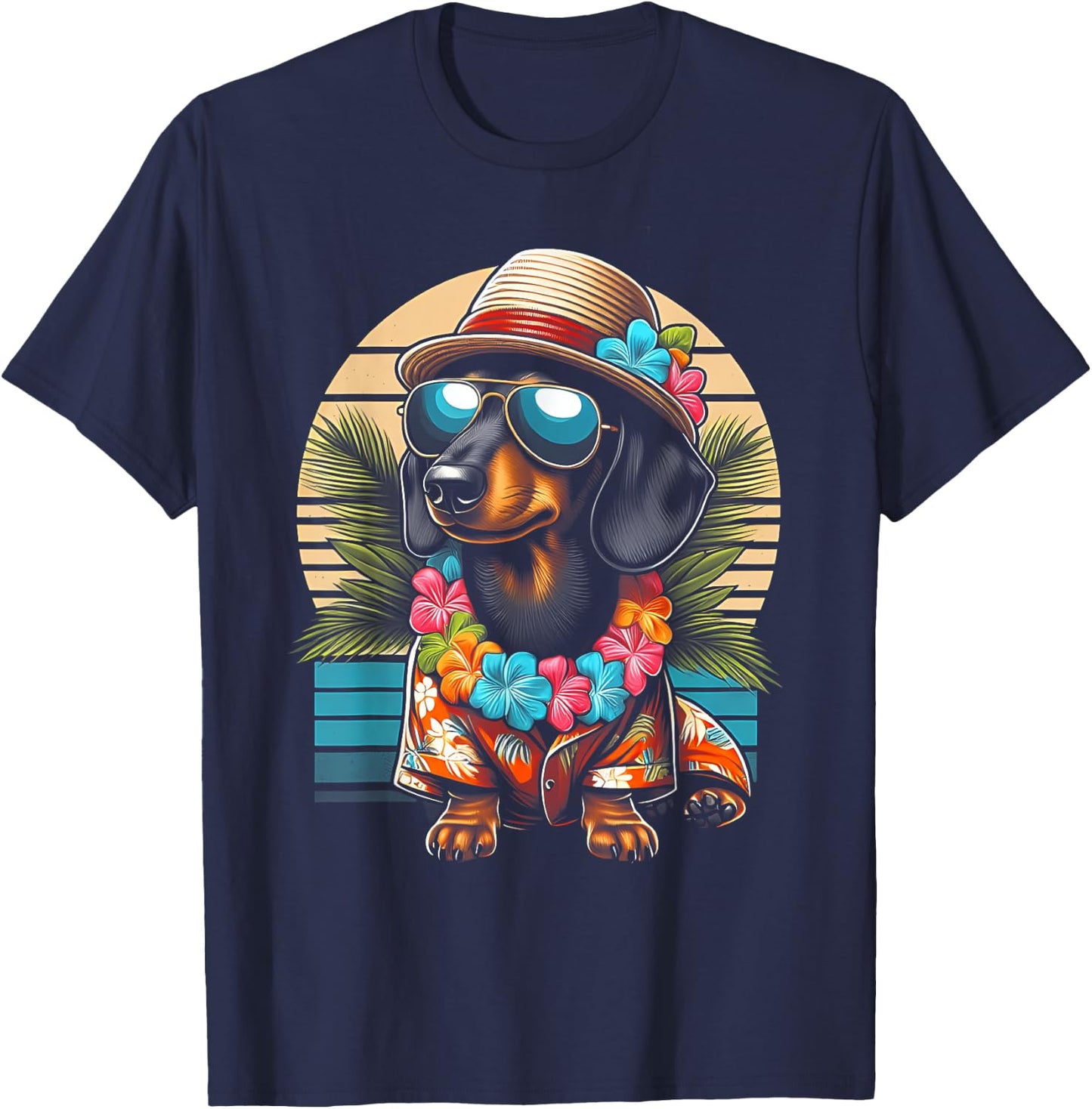 Retro Hawaiian Dachshund Dog Tropical Floral Summer Vibes Women Kids T-Shirt - T-Shirt | Navy