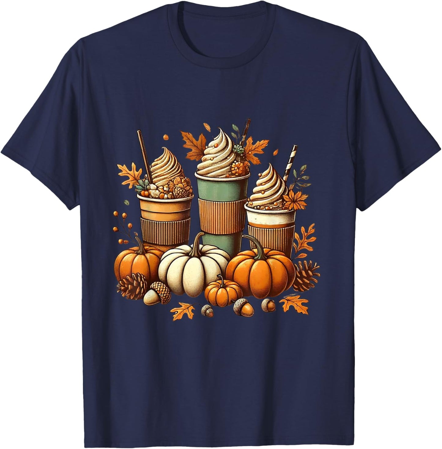 Fall Coffee Pumpkin Spice Latte Iced Warm Cozy Autumn Orange T-Shirt - T-Shirt | Navy