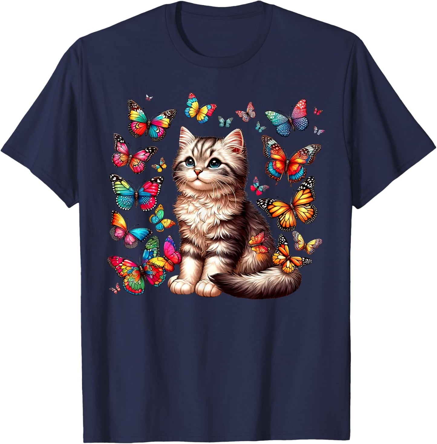 Cute Cat With Colorful Butterfly Art Pet Lover Kitten Women Girls Kids T-Shirt - T-Shirt | Navy