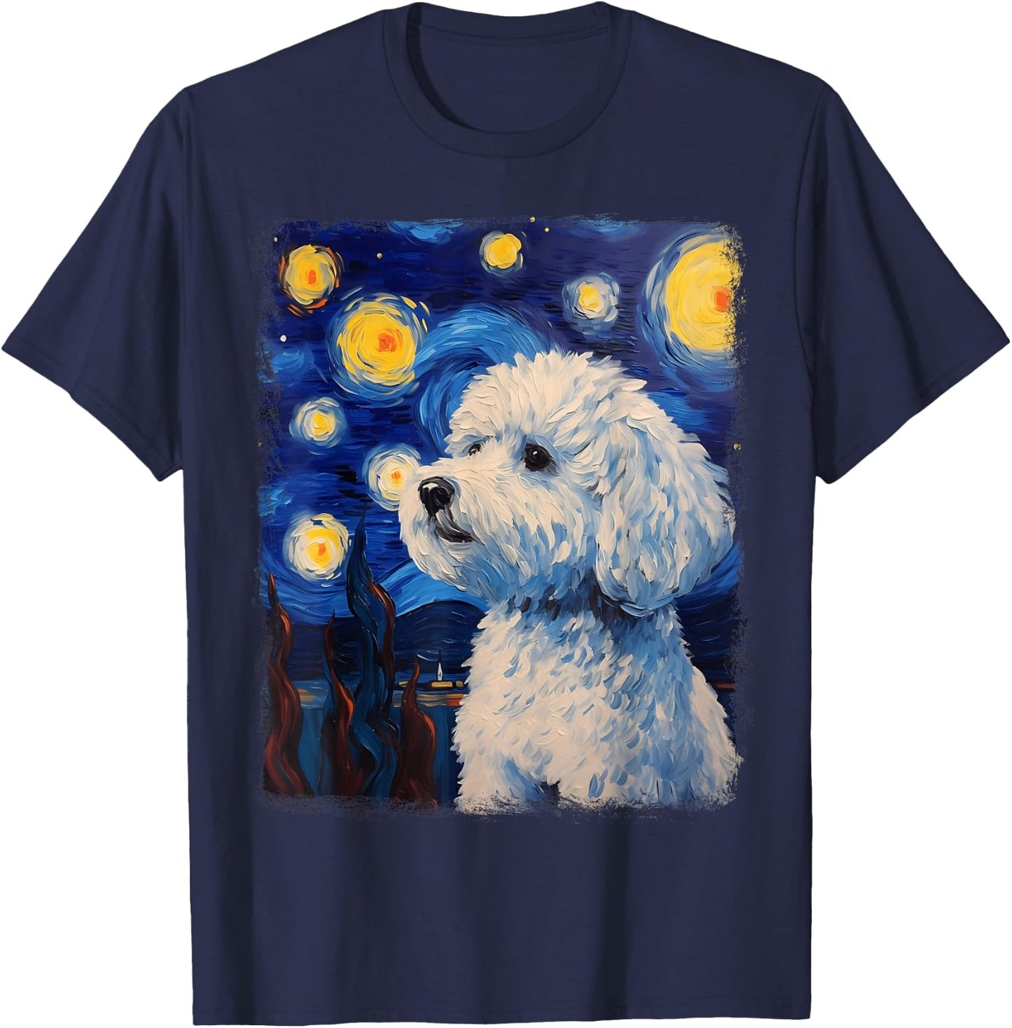 Bichon Frise Dog Starry Night Painting T-Shirt - T-Shirt | Navy