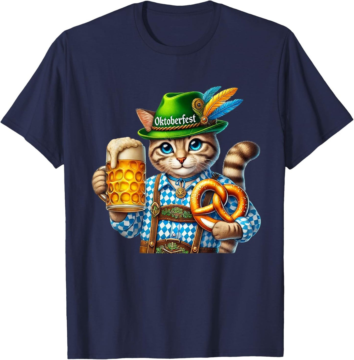 Oktoberfest Cat Beer Pretzel Costume Lederhosen T-Shirt - T-Shirt | Navy