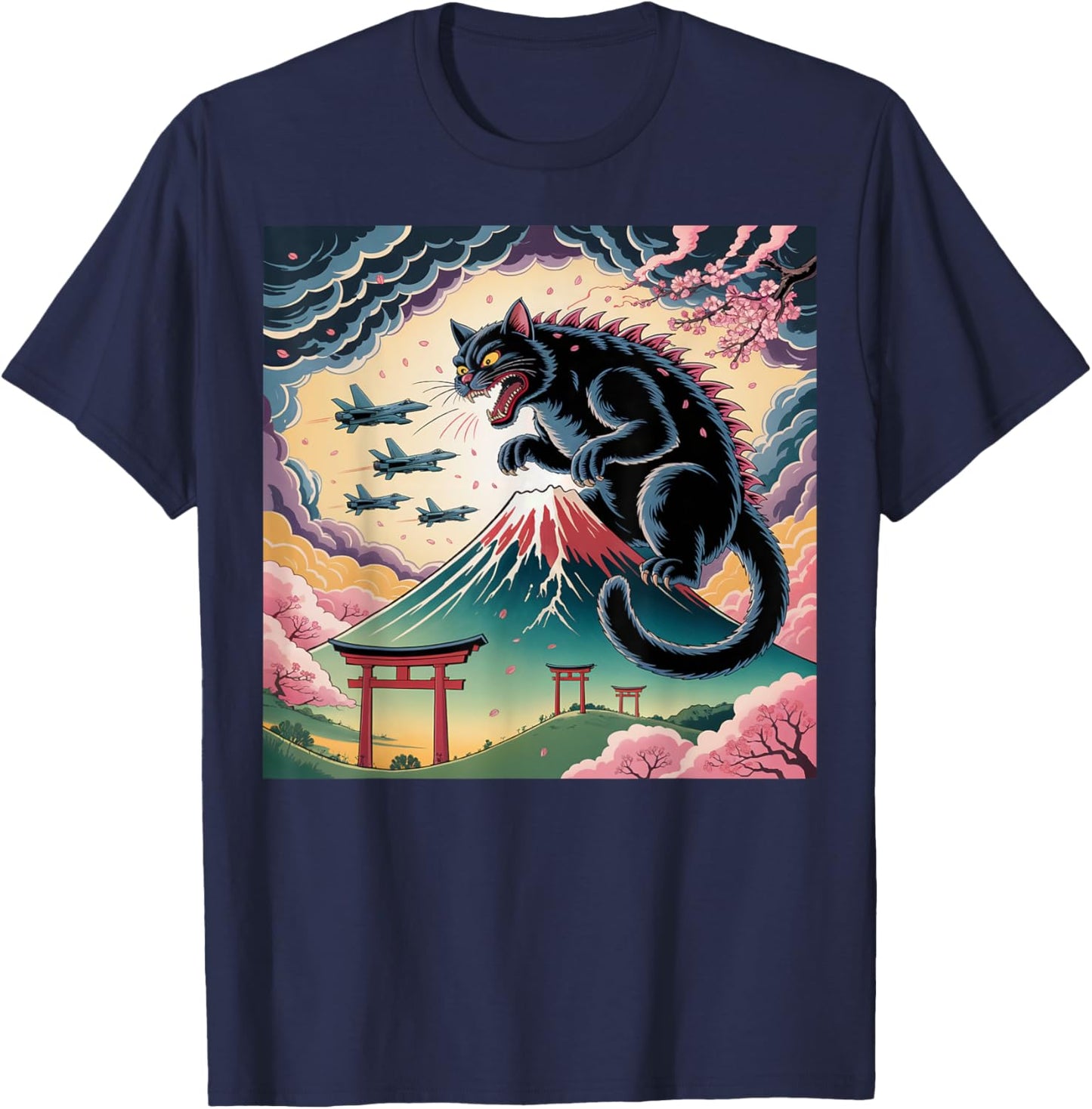 Catzilla Cat Japanese Art Kids Cat Lover T-Shirt - T-Shirt | Navy