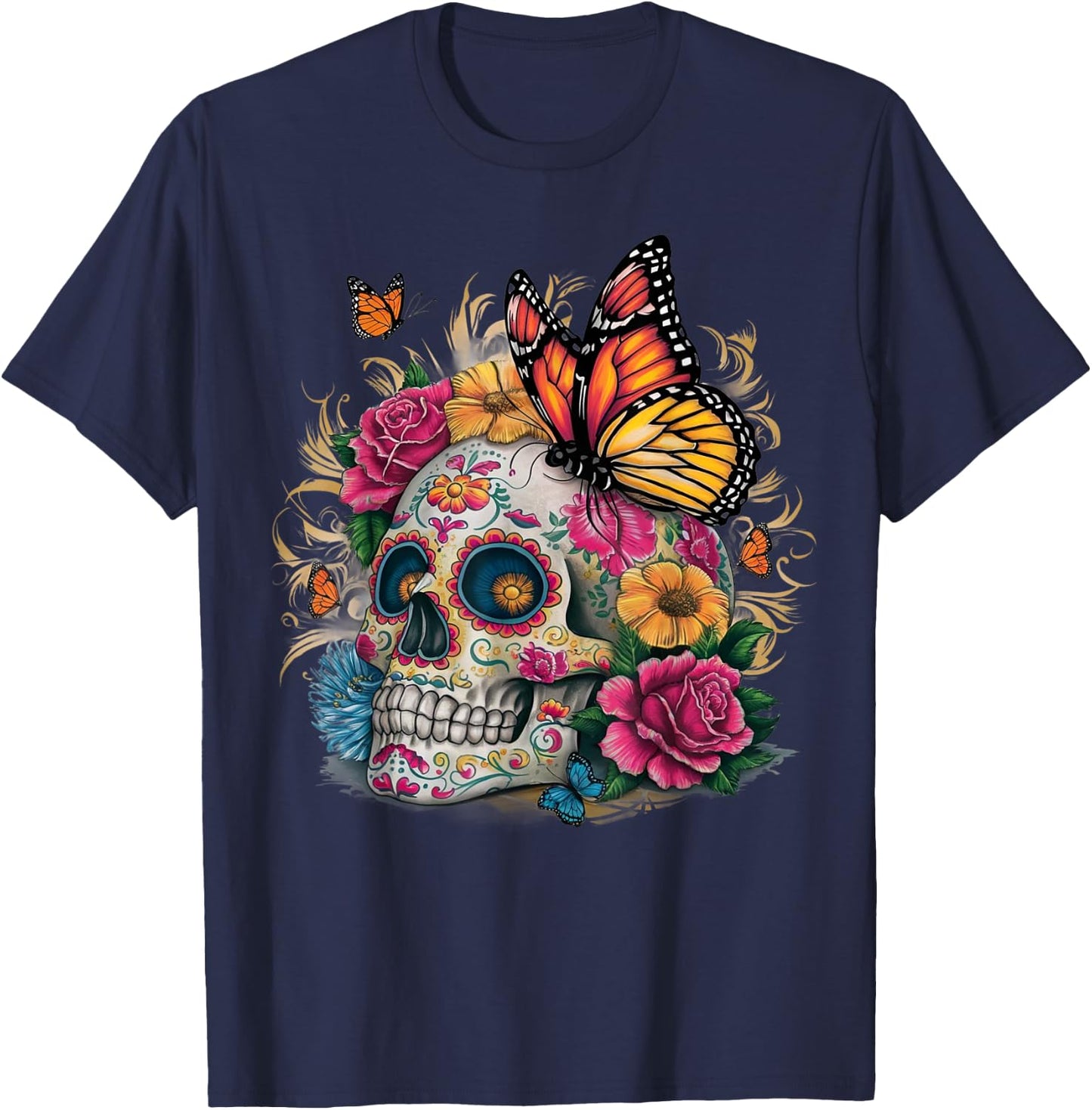 Sugar Skull Butterfly Day of Dead Halloween Dia De Muertos T-Shirt - T-Shirt | Navy