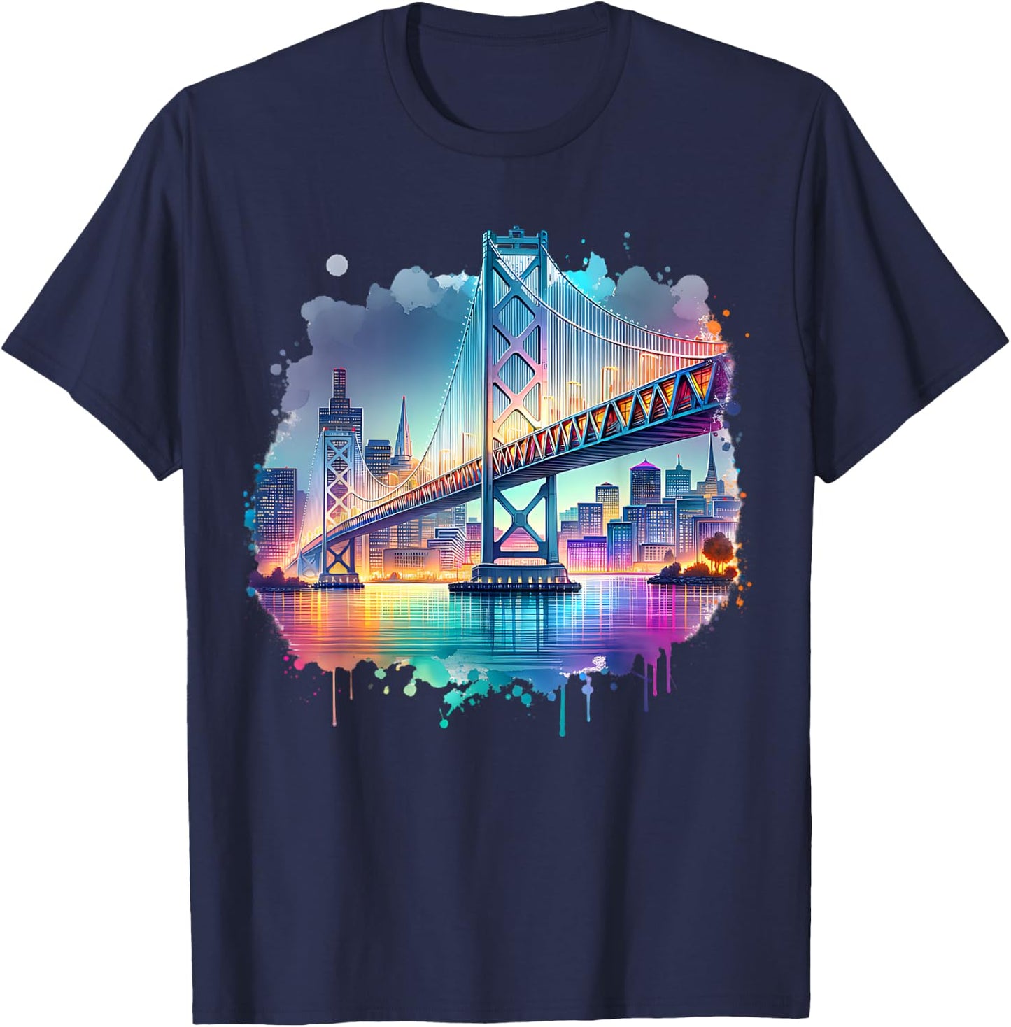 Oakland Town California Port Oakland Bay Bridge Watercolor T-Shirt - T-Shirt | Navy
