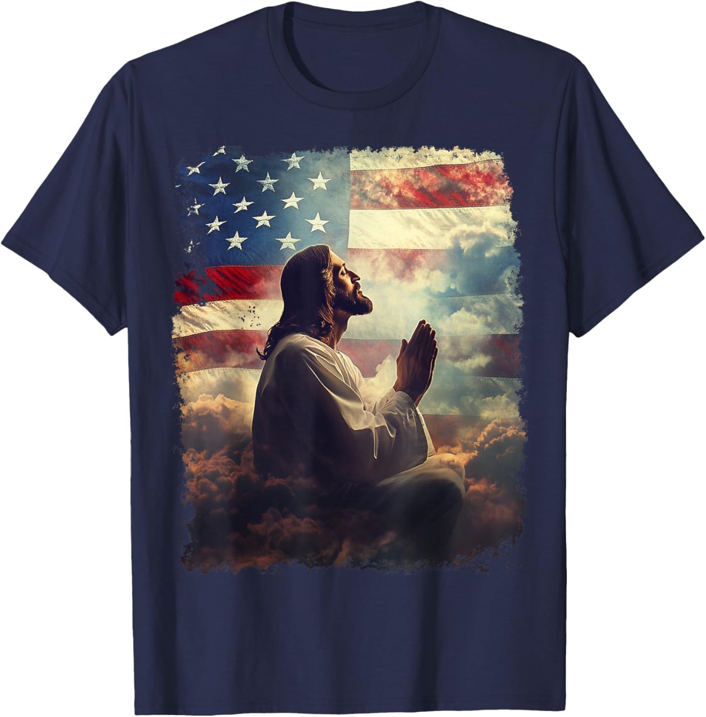 Jesus Christ Praying for America Flag T-Shirt - T-Shirt | Navy