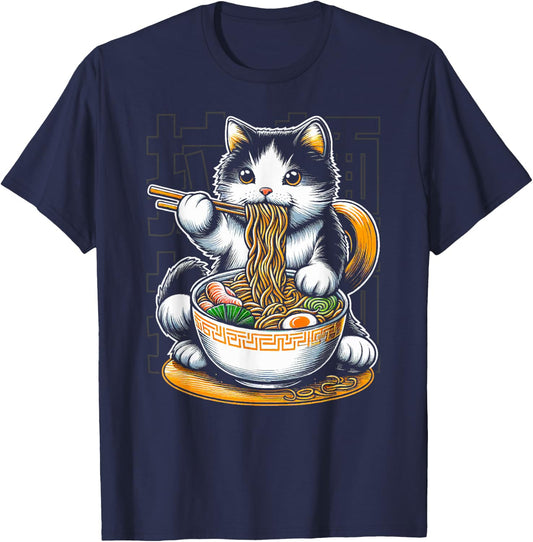 Cat Eating Ramen Food Cat Lover Ramen Noodles Eater T-Shirt - T-Shirt | Navy