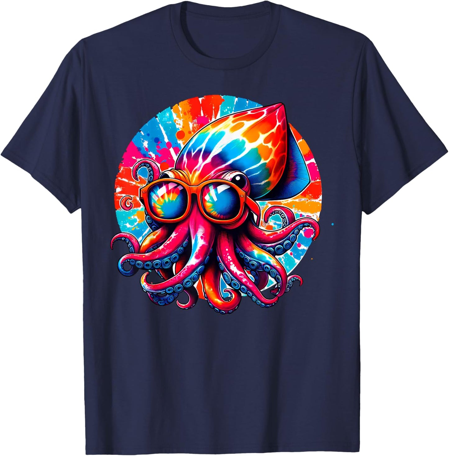 Cool Graphic Tie Dye Sunglasses Squid Illustration Art T-Shirt - T-Shirt | Navy