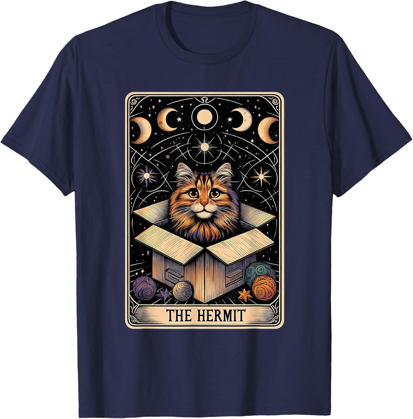 The Hermit Tarot Card Cat In a Box Mystic Funny Cat T-Shirt - T-Shirt | Navy