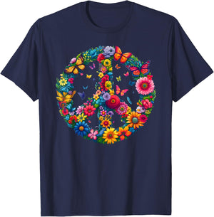 Floral Peace Sign Colorful Butterflies Harmony Love Nature T-Shirt - T-Shirt | Navy