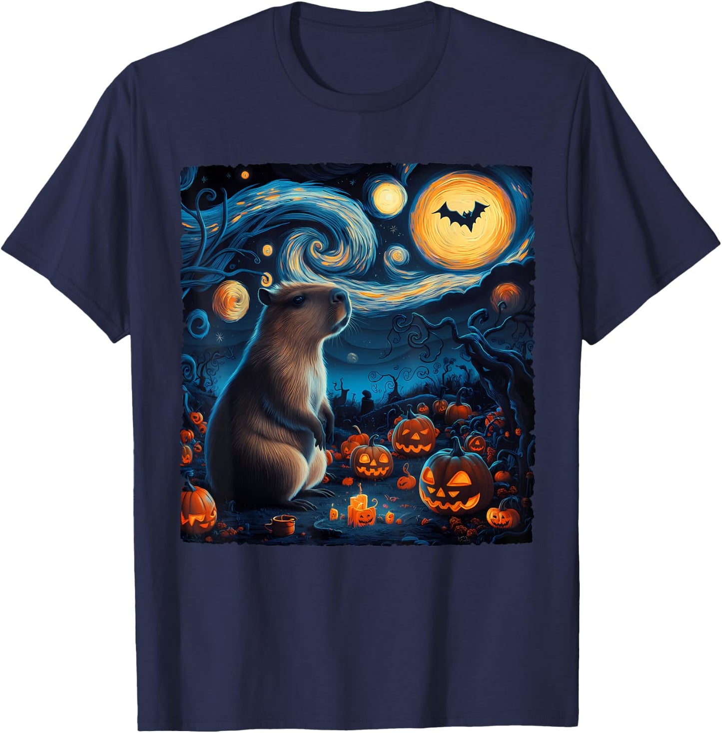 Halloween Van Gogh' Starry Night Capybara Pumpkins Bats T-Shirt - T-Shirt | Navy