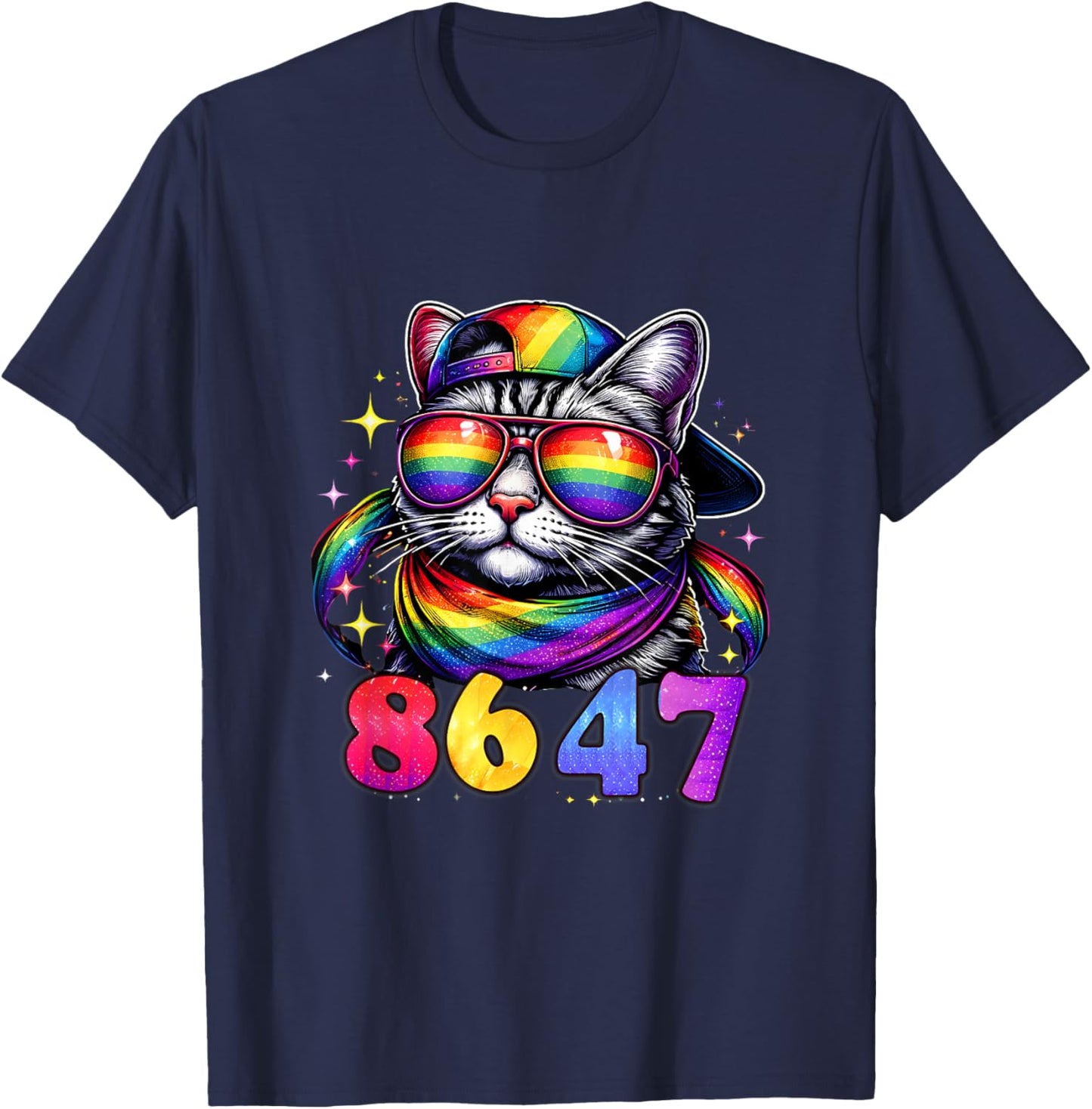 8647 Rainbow Cat Sunglasses Funny Pride Protest Graphic T-Shirt - T-Shirt | Navy
