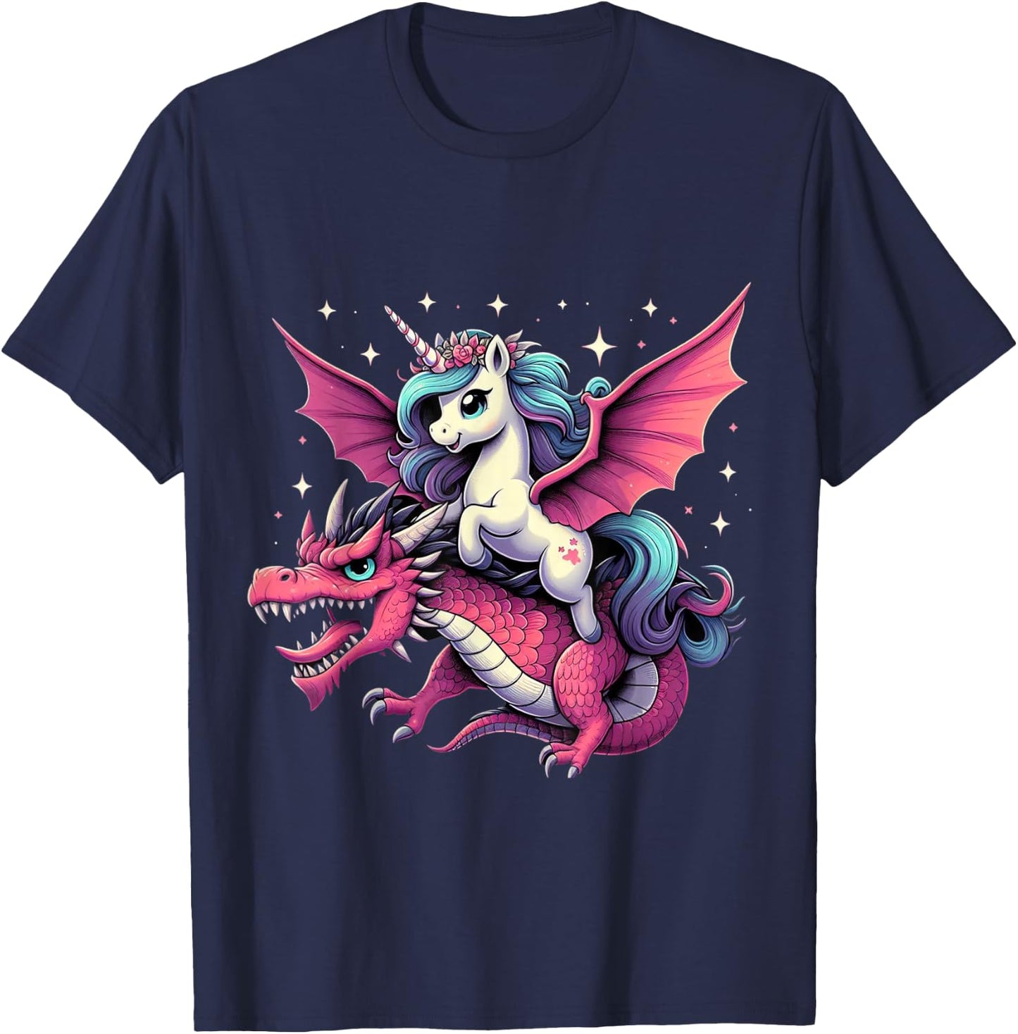 Unicorn Riding Dragon Boys Girls Women Kids Teens Rainbow T-Shirt - T-Shirt | Navy