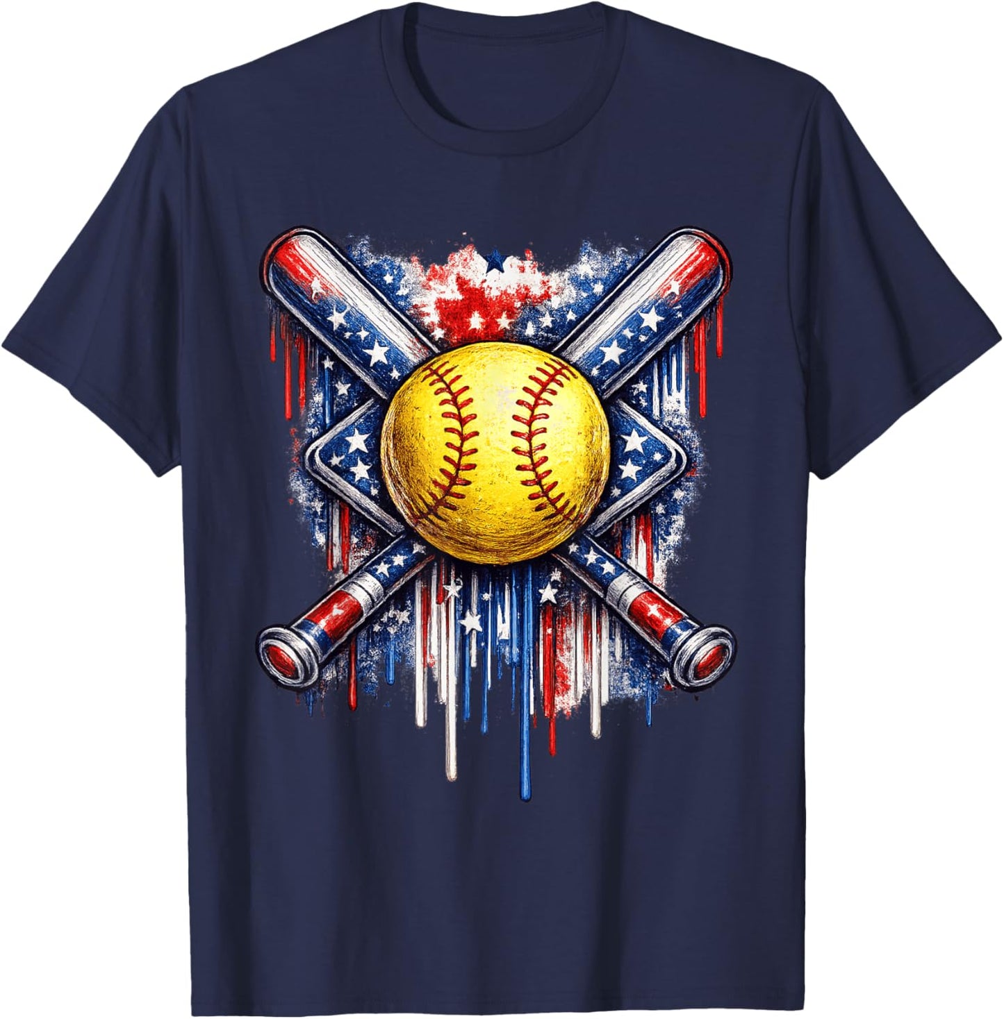 Softball Drip Ice Cream American Flag 4th of July T-Shirt - T-Shirt | Navy