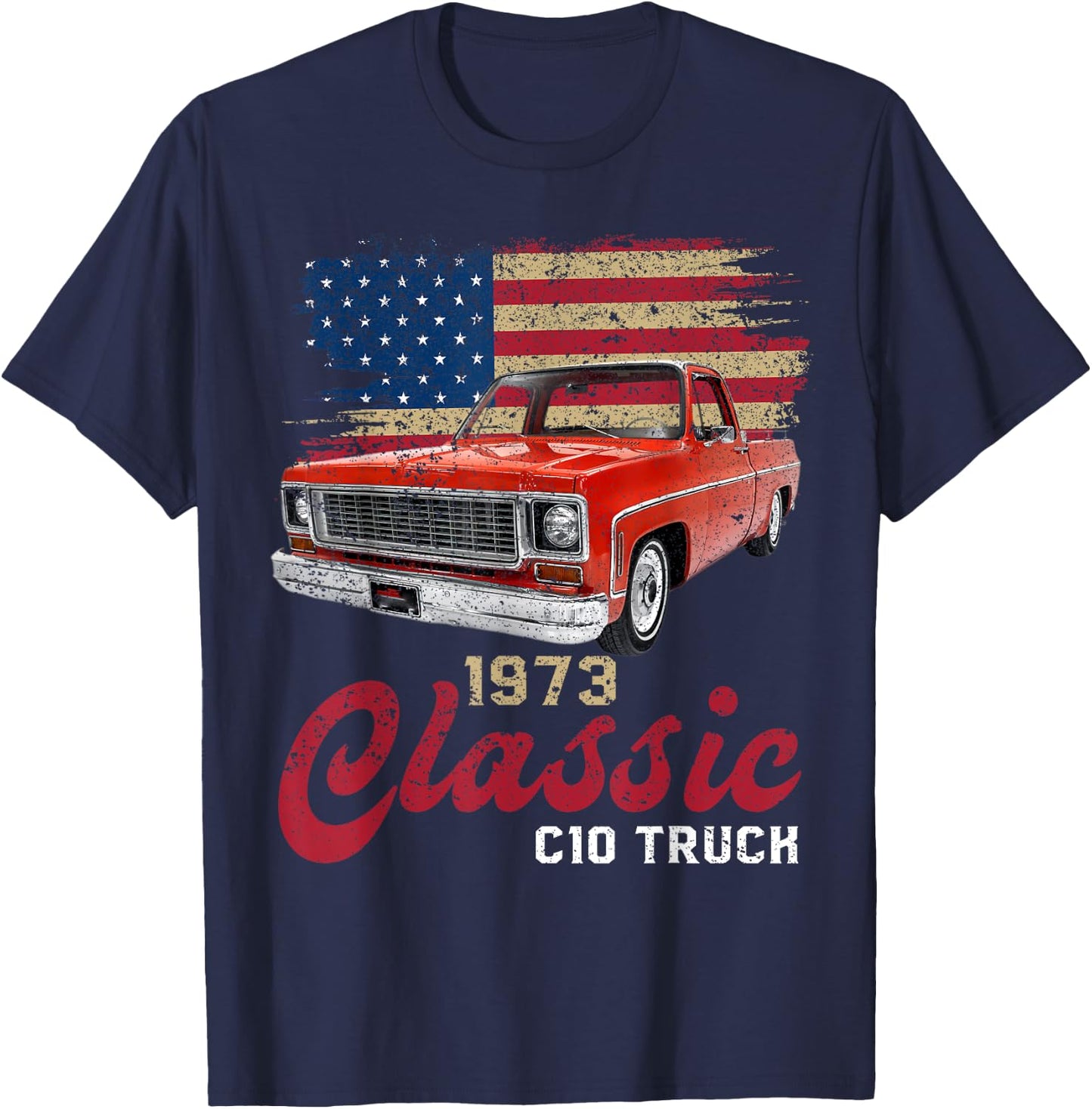 1973 73 c10 truck American Flag T-Shirt - T-Shirt | Navy