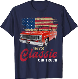 1973 73 c10 truck American Flag T-Shirt - T-Shirt | Navy